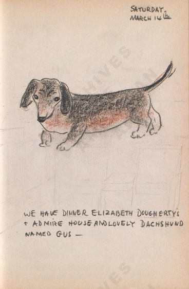 Saturday, March 14th: We have dinner Elizabeth Dougherty's + admire house and lovely dachshund named Gus - Bothwell's illustrated diary (3/14/1942). Archives of American Art.