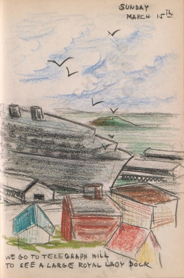 Sunday March 15th: We go to Telegraph Hill to see a large royal lady dock. Dorr Bothwell's illustrated diary (3/15/1942). Archives of American Art.