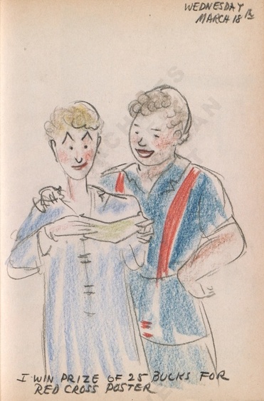 Wednesday March 18th: I win prize of 25 bucks for Red Cross Poster. Dorr Bothwell's illustrated diary (3/18/1942). Archives of American Art.