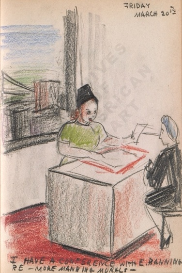 Friday March 20th: I have a conference with E. Banning re - more Manning morale - Dorr Bothwell's illustrated diary (3/20/1942). Archives of American Art.