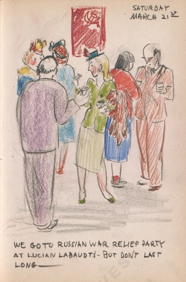 Saturday March 21st: We go to a Russian war relief party at Lucian Labaut's - but don't last long - Dorr Bothwell's illustrated diary (3/21/1942). Archives of American Art.