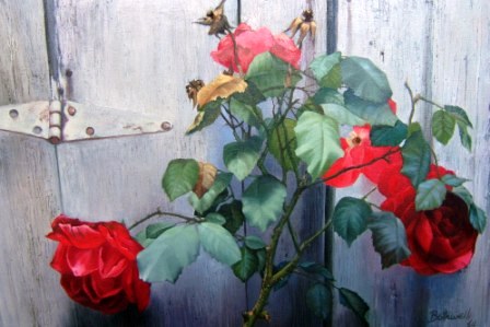 Bill's Roses (Mendocino Fences) by Dorr Bothwell (1964). Oil on canvas (36" x 48). Private collection.