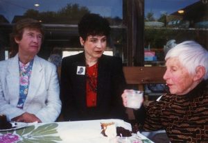 Dorr Bothwell. 90th birthday celebration at the Mendocino Art Center. Left to right: Marlys Mayfield, Carol Goodwin Blick, Dorr Bothwell (1992).