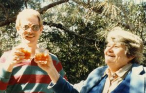 James Maxwell and Fran Moyer toast the groundbreaking for Moyer's house in Caspar (c. 1984).