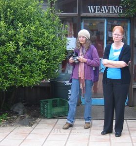 Antonia Lamb and Samm MacGregor at the dedication of Fran Moyer's memorial tile, Mendocino Art Center Courtyard (2007). Photo: CG Blick