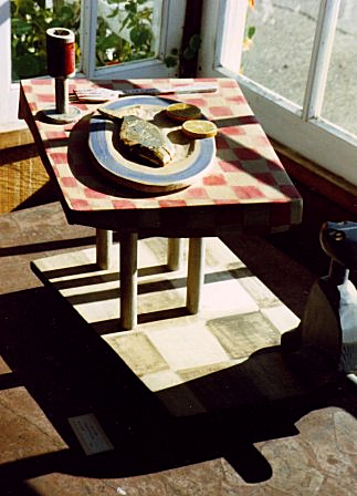 Temptation, polychrome wood sculpture by Fran Moyer, in the bay window of the newly opened Zacha's Bay Window Gallery (1970).