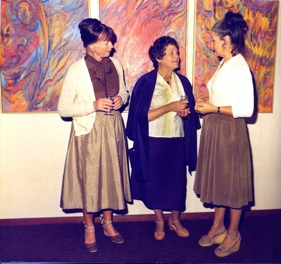 Zacha's Bay Window Gallery opening (1981): Jennie Zacha, Hilda Pertha, Marisa Lauren. Hilda Pertha triptych, oil on canvas.