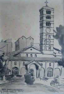 Santa Maria in Cosmedin, Roma (11-3-51). Ink drawing by Bill Zacha. WZ195120