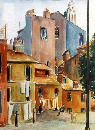 Roma near Piazza Navona (1952). Watercolor by Bill Zacha. WZ195215