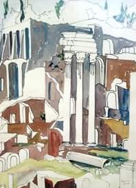 Rome, Temple of Castor and Pollux in the Forum (1952). Watercolor by Bill Zacha. WZ195230