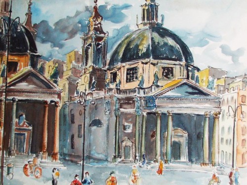 Piazza del Popolo, Roma, 1954 watercolor by Bill Zacha, a gift to his 1949 painting companion, Patience Molesworth (Pay).