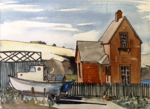 Mendocino Market Building (1958). Watercolor by Bill Zacha. WZ195802