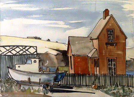 Mendocino Market Building (1958). Watercolor by Bill Zacha. WZ195802