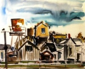 Leona's Watertower, Mendocino (1958). Watercolor by Bill Zacha. WZ195803