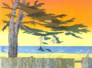 Cypress Sunset, Mendocino (1970). Serigraph by Bill Zacha. WZ197003