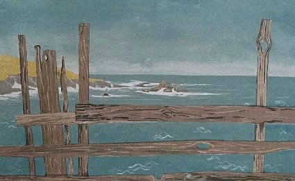 Mendocino Winter (1975). View of Mendocino Bay through a weathered redwood fence. Serigraph by Bill Zacha. WZ197502