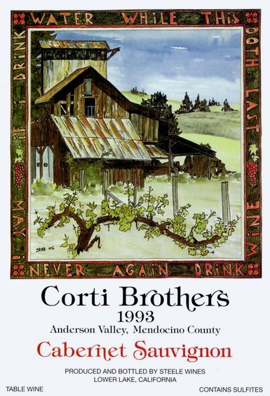 Corti Brothers Cabernet Sauvignon label (1993). Original artwork by Bill Zacha.