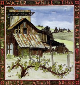 Corti Brothers Vineyard (1976). Watercolor by Bill Zacha, commissioned by Darrell Corti as original wine label art for a special vintage of Cabernet Sauvignon. WZ197620