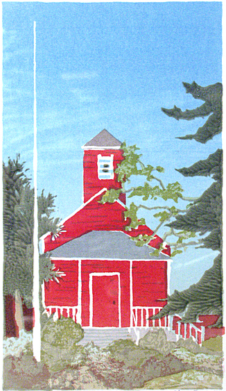 Little Red Schoolhouse (1983). Created and donated to raise raise funds for the Anderson Valley Historical Society Museum. Mendocino County. Serigraph by Bill Zacha. WZ198300