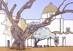 San Antonio Rose (1989). Mission San Jose, San Antonio Texas. Serigraph by William Zacha. WZ198905