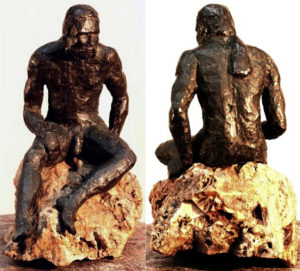 Ajax is the first of the Zacha bronzetti (1973). Two views. Solid cast bronze figure by Bill Zacha, edition of one. Figure alone: dimensions, 11" x 12.5" / weight, 15 lbs. SKU: WZ197360