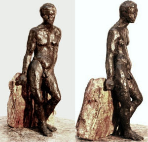 Ganymede, solid cast bronze figure by Bill Zacha, edition of one, (1973-1974), two views. Figure alone: dimensions, 4" x 13.5". SKU: WZ197450