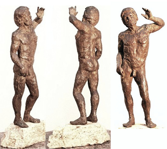 Priam I, hollow cast bronze figure by Bill Zacha (1977), three views. Edition mark: 1/6. Figure alone: dimensions, 5.5" x 13.75" / weight 8 lbs. SKU: WZ197752