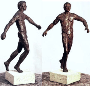 Patroclus I, hollow cast bronze figure by Bill Zacha (1977), two views. Quantity cast, one. Figure and base together: dimensions, 14” x 8.75“ / weight 6 lbs. SKU: WZ197757
