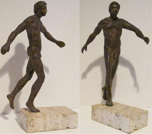 Patroclus II, hollow cast bronze figure by Bill Zacha (1977), two views. Quantity cast, one. Dimensions including base: 13 ¾" x 8.75”. SKU: WZ197758