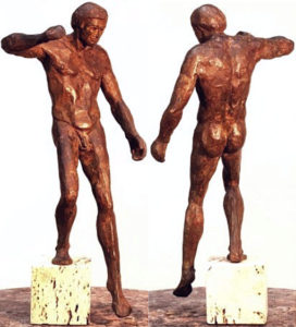 Actaeon, hollow cast bronze figure by Bill Zacha (1980). Two views. Quantity cast, no more than three. Dimensions, including travertine base, 13.5'' x 6.3'' / weight 5.3 lbs. SKU: WZ198080