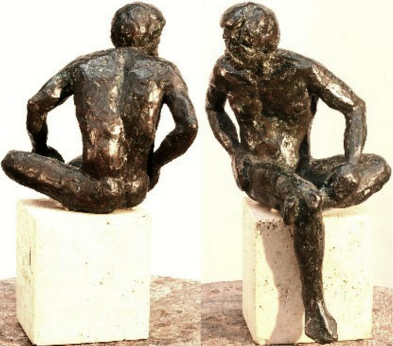 Diomedes, hollow cast bronze figure by Bill Zacha (1981). Two views. Quantity cast, no more than three. Dimensions, including travertine base, 10.5" x 6.75" / weight, including base, 9 lbs. SKU: WZ198163