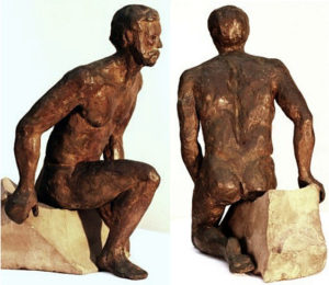 Menelaus: hollow cast bronze figure by Bill Zacha (1981). Two views. Quantity cast: no more than three. Dimensions, including travertine base, 9.875" x 8.25” / weight, including base, 9 lbs. SKU: WZ198172