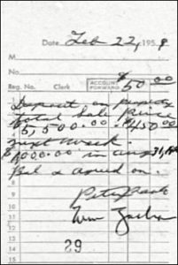 Original receipt for the $50 downpayment on Pete Paoli's property (2/22/1959).
