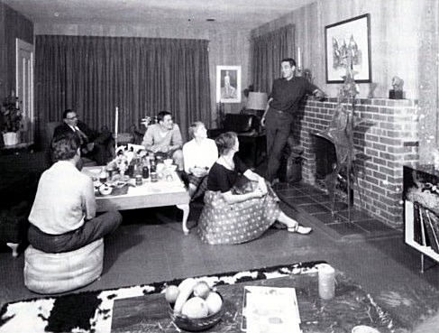 Inside the Albert Brown House, Bill and Jennie Zacha with friends (1959). Fran Moyer (left) , Jennie (center), Bill (standing), One of Bill's watercolors of the Piazza del Popolo over the fireplace, and one of Fran Moyer's welded steel sculptures to the side.