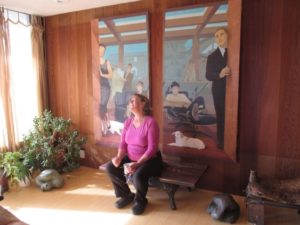 Lucia Zacha with the 1964 Charles Marchant Stevenson portrait of her parents, Jennie and Bill Zacha (Mendocino 2015). Photo: CG Blick.