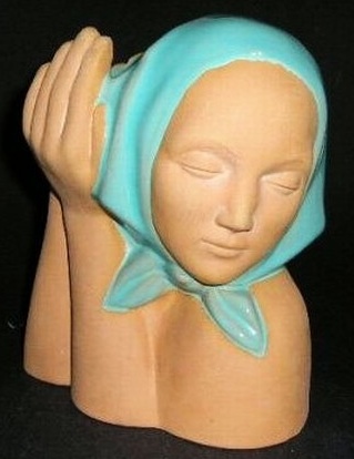 Dorr Bothwell's Peasant Head (C-801), Gladding, McBean's Terra Cotta Specialties line, Aqua glaze.