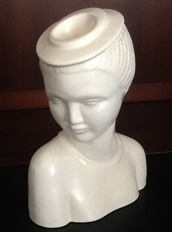Woman with Round Hat head vase (GMB C805), by Jean Lawyer (1937) for the GMB Catalina Art Ware line, Malinite with solid color glaze.