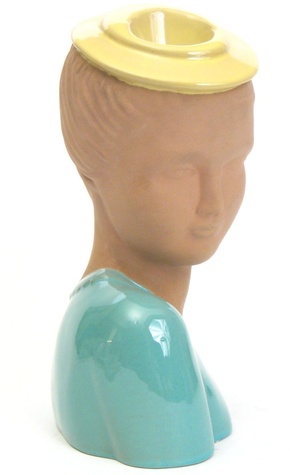 Woman with Round Hat head vase (GMB C805), by Jean Lawyer (1937) for Terra Cotta Expressions, terracotta stained Malinite with yellow glazed hat, and turquoise glazed clothing